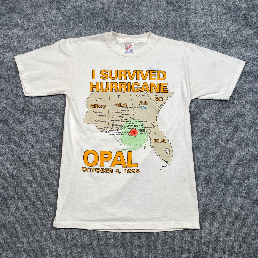 Vintage 1995 Jerzees I Survived Hurricane Opal Map T-Shirt White Mens Small USA